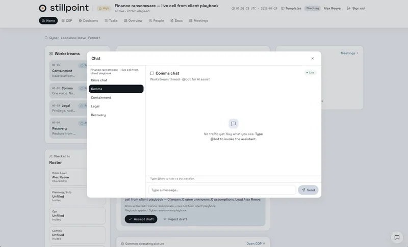 Stillpoint-Chat mit Kanälen für Krisen-Chat, Kommunikation, Containment, Recht und Wiederherstellung.
