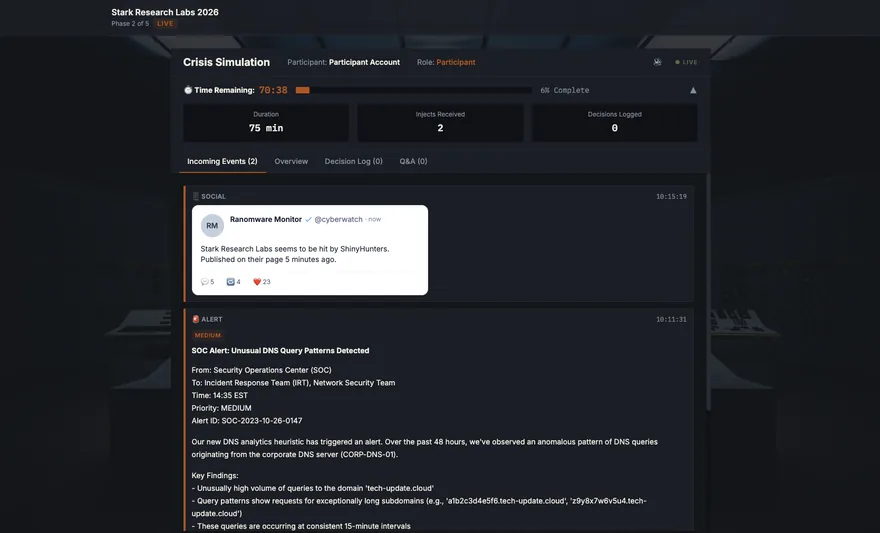 WarroomX Ansicht für Teilnehmende: Restzeit der Übung, eingegangene Ereignisse mit Social-Media-Post und SOC-Alert.